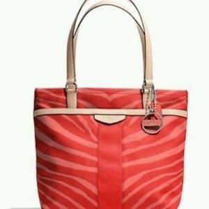Coach Zebra Striped Tote Signature Hot Orange/Coral